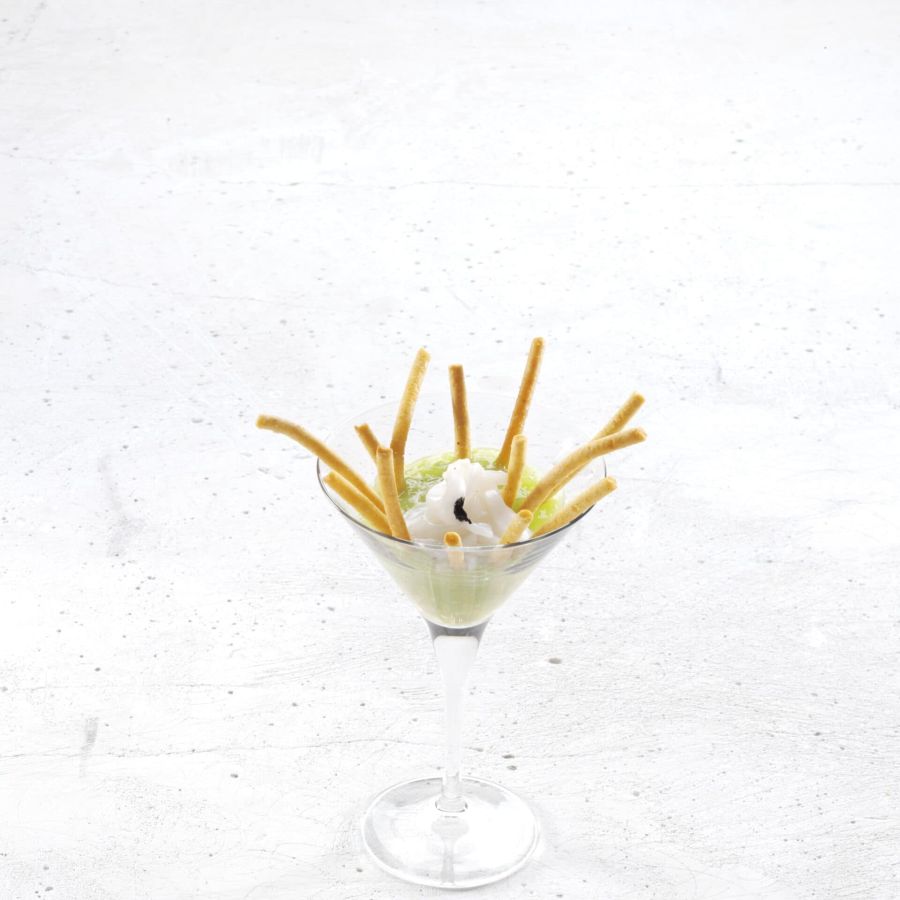 Romagna-style Passatelli in a cup with pea velouté and lime-marinated cuttlefish tagliatelle