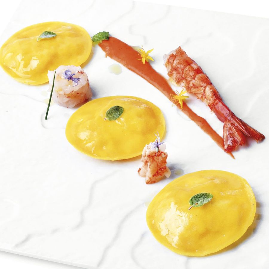 Panciotti® with Scallops and North Sea Prawns, Red Pepper, Vanilla