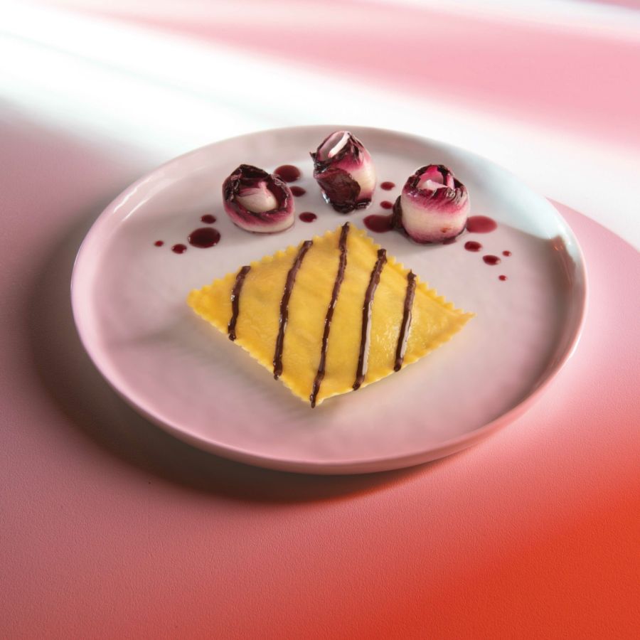 Ravioloni with Asiago DOP cheese and Radicchio Rosso di Treviso IGP, braised leaves with Port reduction, Ocoa 72% dark chocolate
