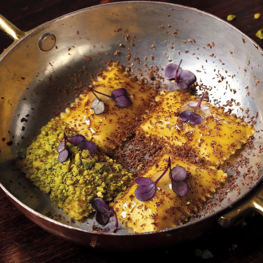 Bauletti® with sheep’s ricotta and Sicily pistachios, rum, chocolate, and orange gel