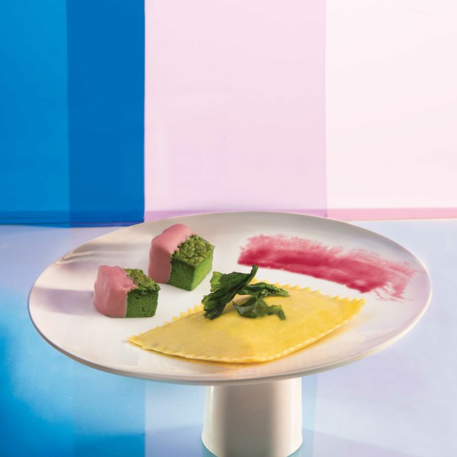 Ravioloni with buffalo ricotta and baby spinach leaves, small zuccotto glazed with Ice Chocolate Ruby, reduction of Sangiovese Superiore