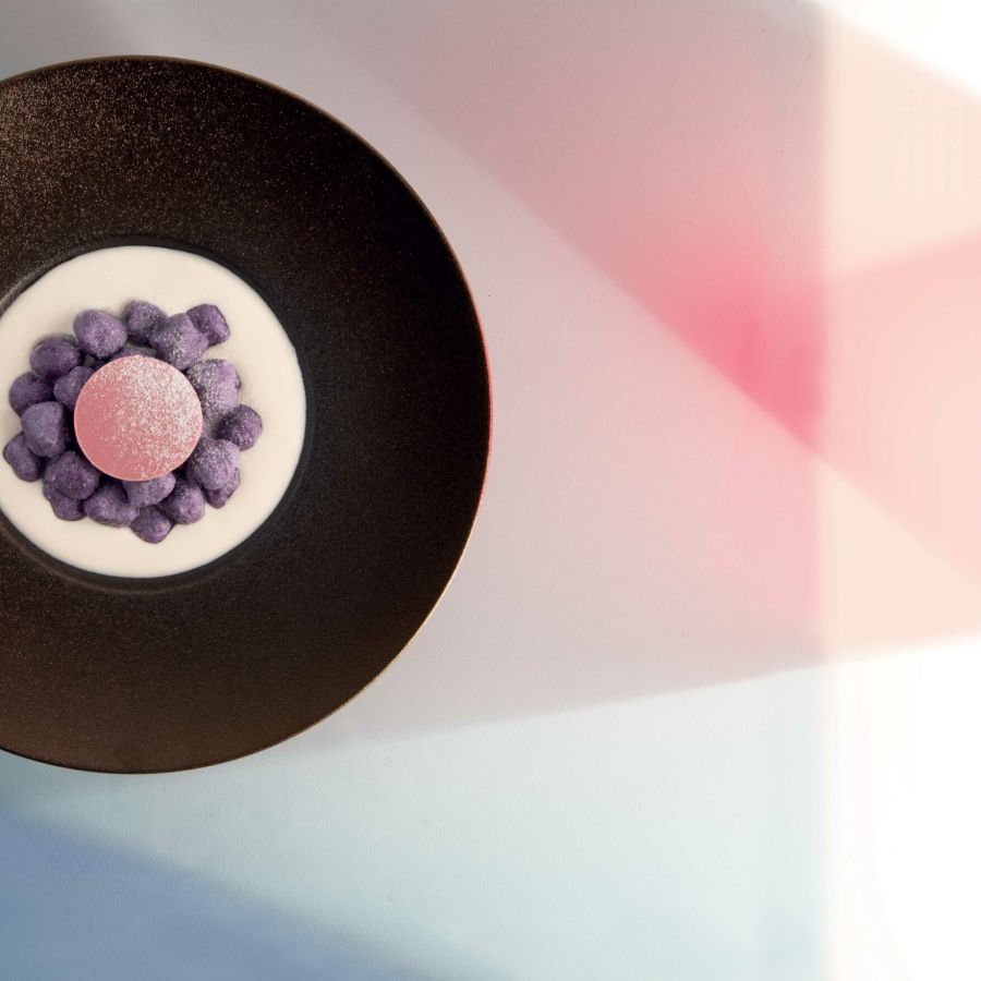 I Mammoli de pomme de terre violettes Vitelotte glacés avec Ice Choc Ruby sur fondue au Roquefort et poudre de chocolat blanc