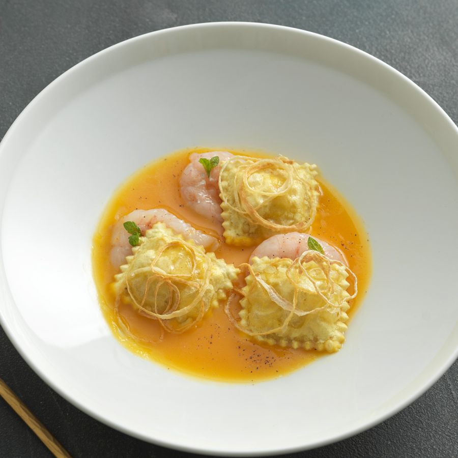 Scrigni® mit Scampi knusprige Scampi, Kürbiscreme und rohe Kaisergranat