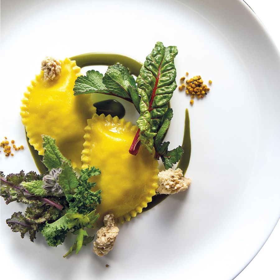 Raviolotti with Salt Cod, Wild Herbs, Fish Roe with Anise, and Pollen