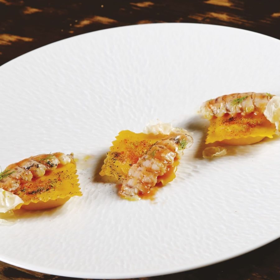 Scrigni® à la burrata di Puglia et crevettes mante religieuse