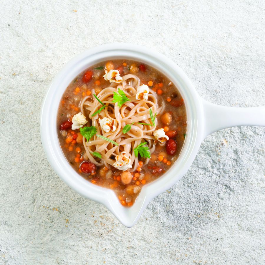 Linguine di verdura piselli e lenticchie, zuppa di legumi e cereali, pop di mais e amaranto (versione stagionale autunno/inverno)