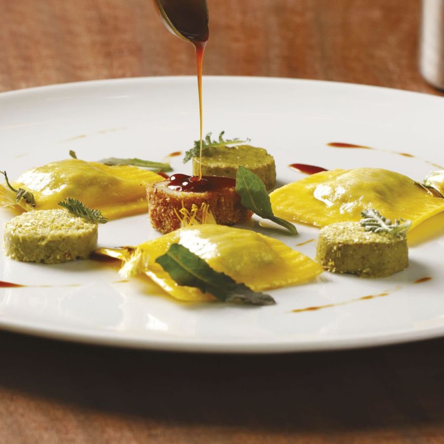 Quadrelli with lamb and thyme, vegetable fifth quarter, lamb sweetbreads, and meat reduction